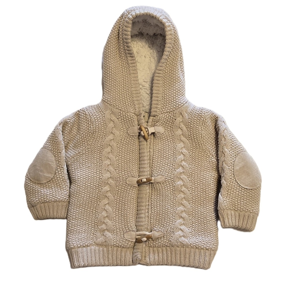 Brioche 9M Beige Knit Hooded Cardigan Sweater Cable Toggle Closure Baby‎